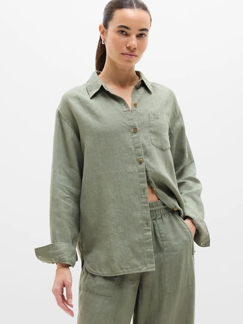 Athleta Retreat Linen Button-Up Shirt - Cacti Sz M